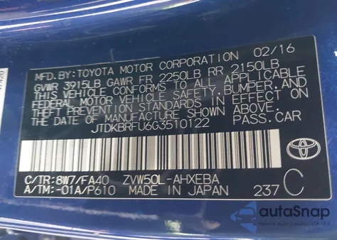 2016 Toyota Prius из США, поврежденный, VIN JTDKBRFU6G3510122